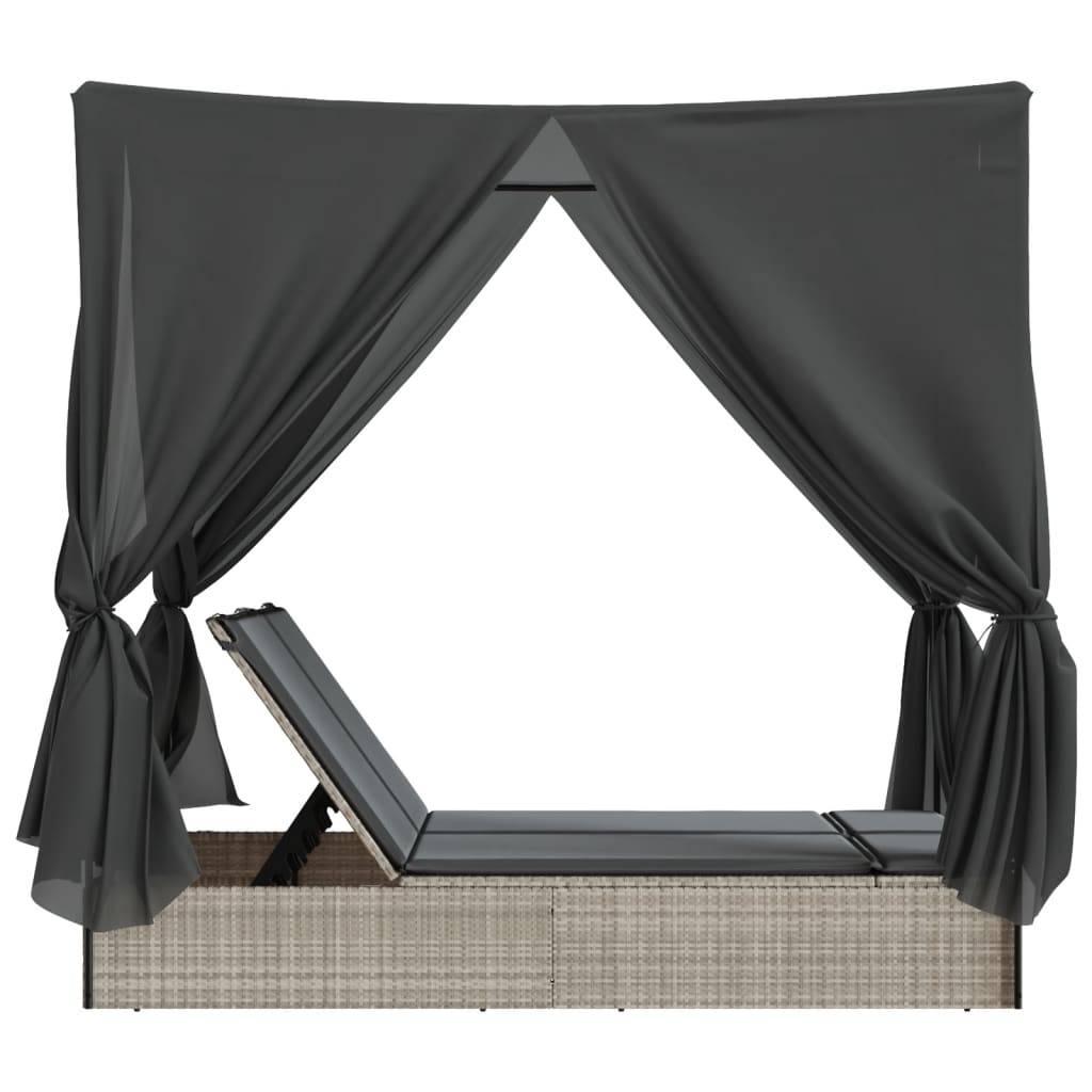 Chaise longue double avec toit et rideaux gris clair poly rotin 200 x 114 x 196 cm - PANGIVO - Image 5
