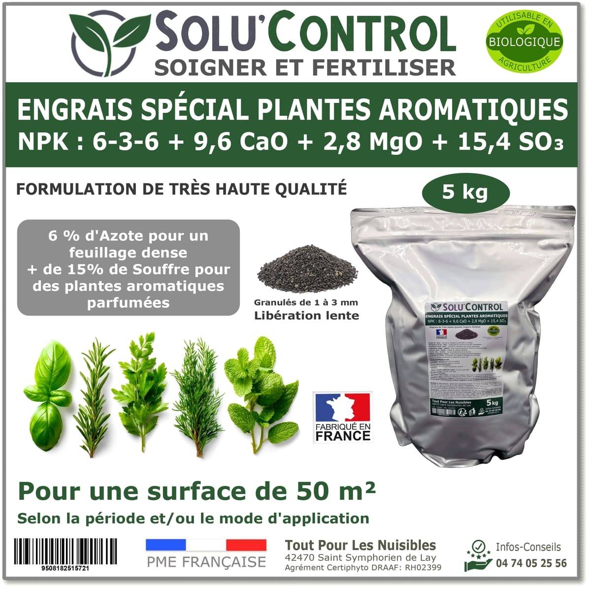 Tout pour les nuisibles - SOLU’CONTROL - 5 kg - Engrais Spécial Plantes Aromatiques NPK 6-3-6 - Favorise un feuillage dense - UAB - Image 1