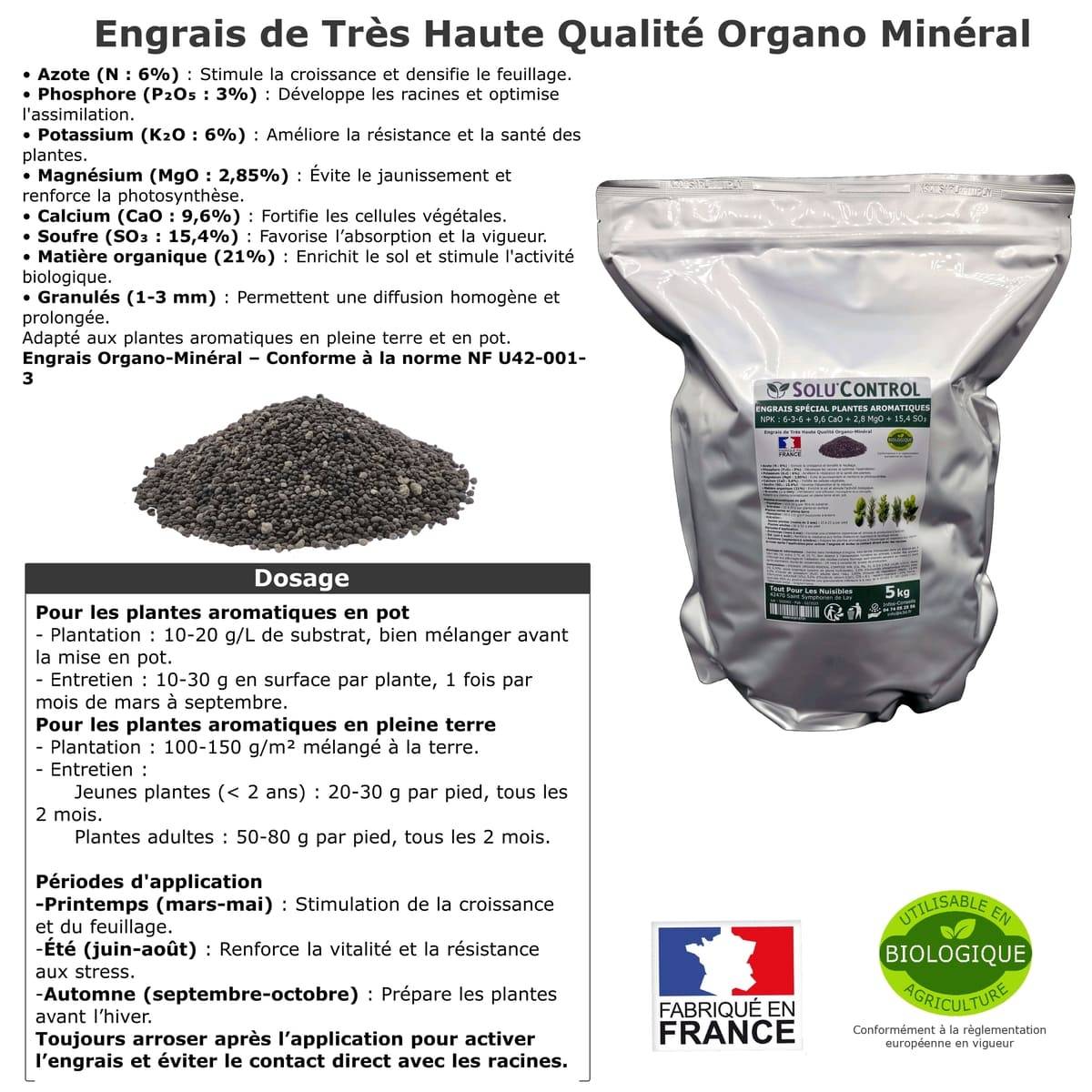 Tout pour les nuisibles - SOLU’CONTROL - 5 kg - Engrais Spécial Plantes Aromatiques NPK 6-3-6 - Favorise un feuillage dense - UAB - Image 2