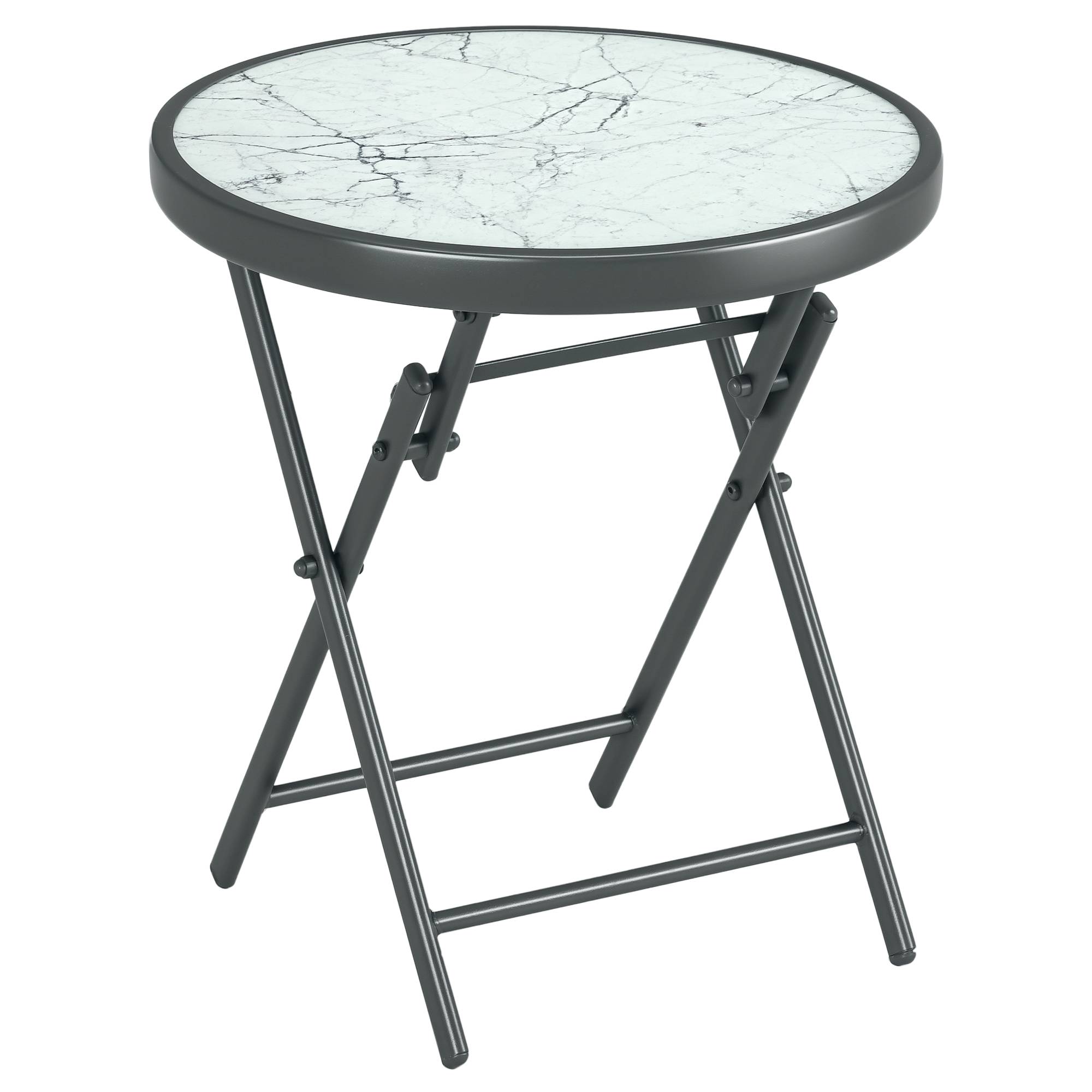 Table basse pliante table d'appoint pliante plateau effet marbre en verre trempé structure métal ronde Ø45 x 50 cm blanc - Image 1