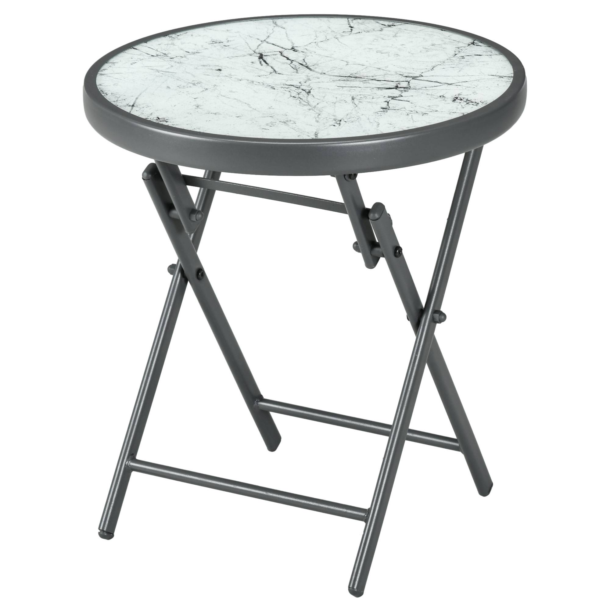 Table basse pliante table d'appoint pliante plateau effet marbre en verre trempé structure métal ronde Ø45 x 50 cm blanc - Image 2