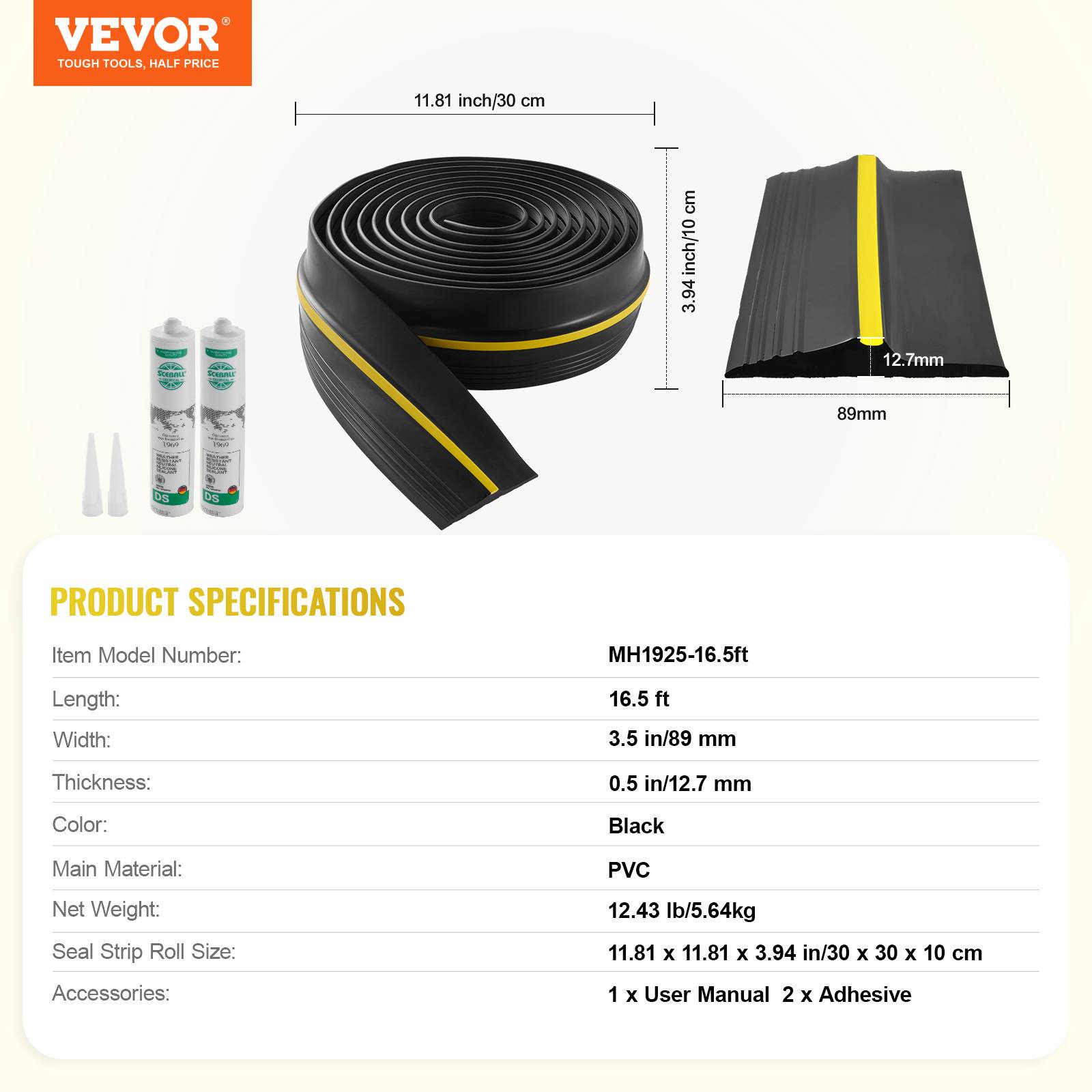 Vevor - VEVOR Joint porte garage 5 m, seuil étanchéité universel, PVC. Adhésif, résiste intempéries, noir. - Image 7