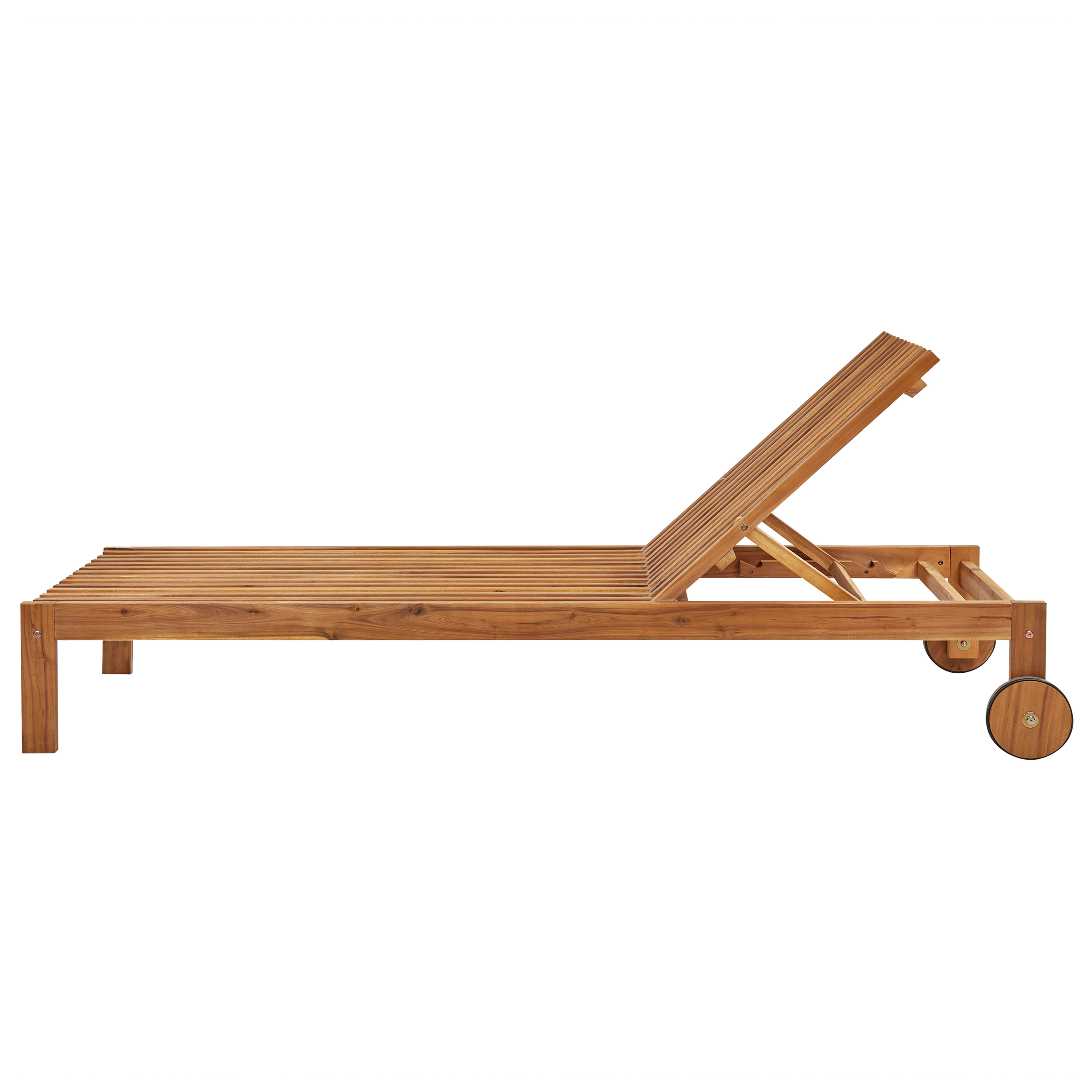 Transat de Jardin en Bois d'Acacia Clair Chaise Longue Dossier Inclinable avec Roulettes Intégrées Style Rustique et Moderne - Image 5