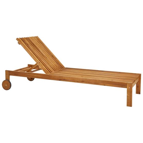 Transat de Jardin en Bois d'Acacia Clair Chaise Longue Dossier Inclinable avec Roulettes Intégrées Style Rustique et Moderne - Image 1