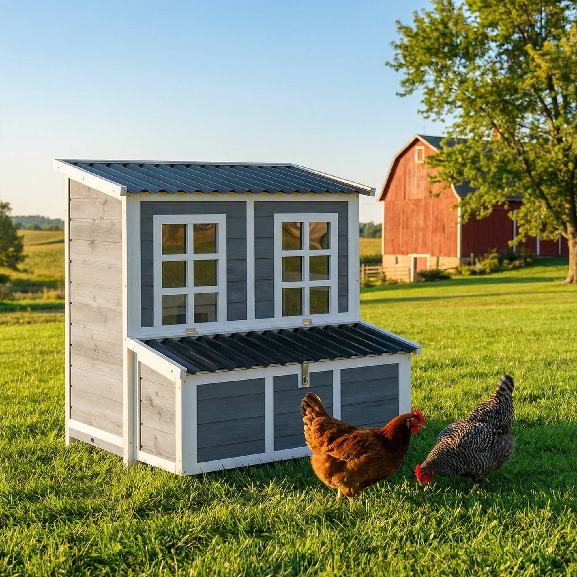 Poulailler avec pondoir pour 3 à 4 poules, toit étanche, bois d'épicéa, plastique, 100 x 86 x 100 cm, gris clair - Image 4