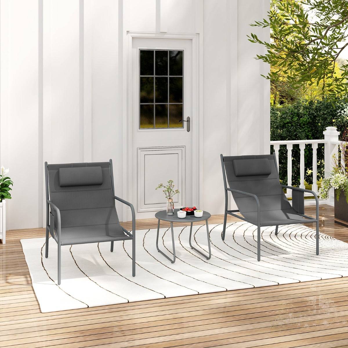 Helloshop26 - Ensemble de meubles 3 pièces de patio cadre en métal charge 150 kg salon de jardin 2 chaises 1 table basse avec tissu respirant gris - Imagen 3