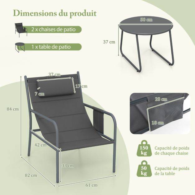 Helloshop26 - Ensemble de meubles 3 pièces de patio cadre en métal charge 150 kg salon de jardin 2 chaises 1 table basse avec tissu respirant gris - Imagen 4