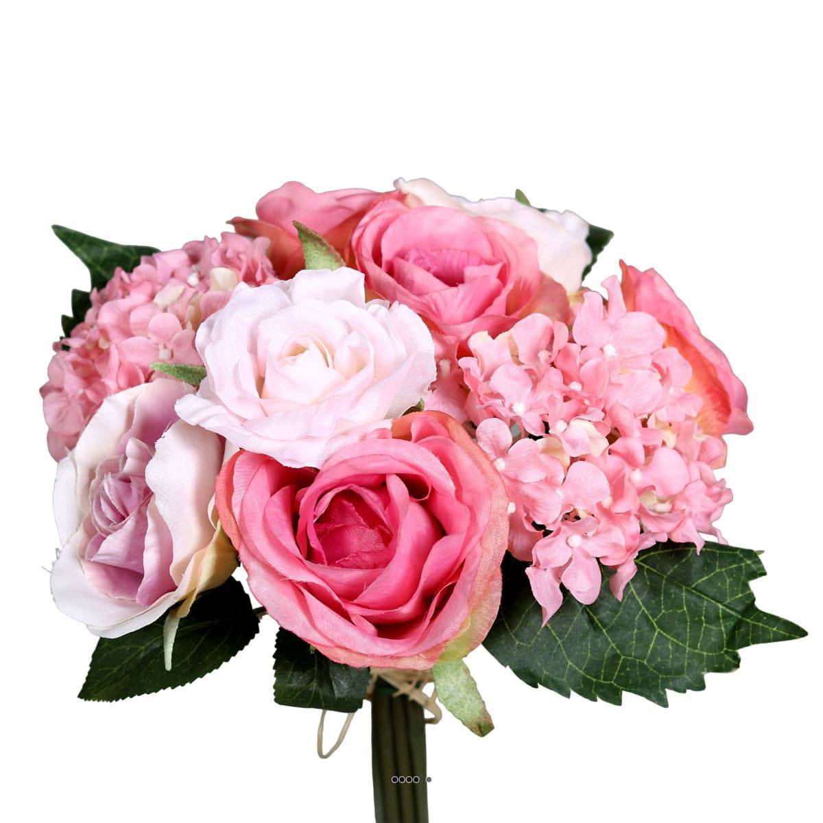Artificielles - Bouquet de Roses et Hortensias artificielles 10 tetes D 22 cm Rose - couleur: Rose - Imagen 1