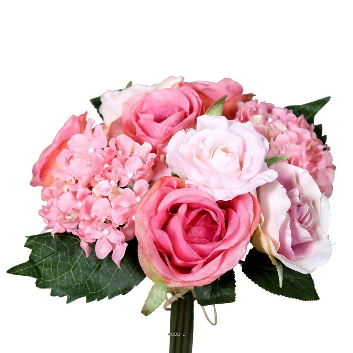 Artificielles - Bouquet de Roses et Hortensias artificielles 10 tetes D 22 cm Rose - couleur: Rose - Imagen 2