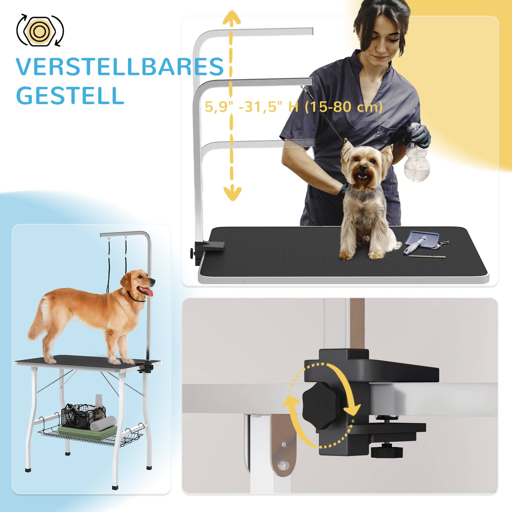 Sans Marque - Table de toilettage pour chien, bras réglable, rangement, surface caoutchouc, 90x60x76 cm, Noir - Image 6