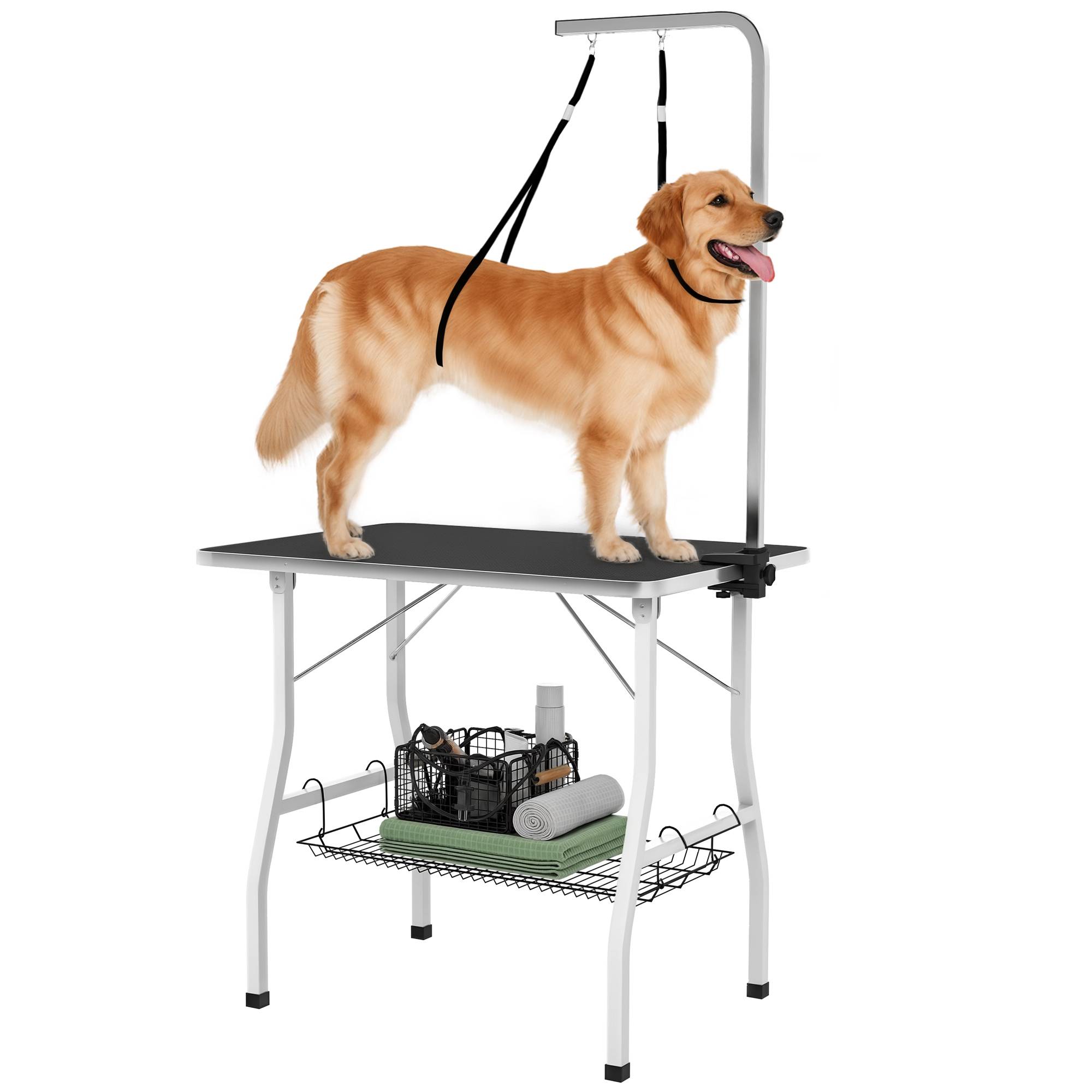 Sans Marque - Table de toilettage pour chien, bras réglable, rangement, surface caoutchouc, 90x60x76 cm, Noir - Image 1