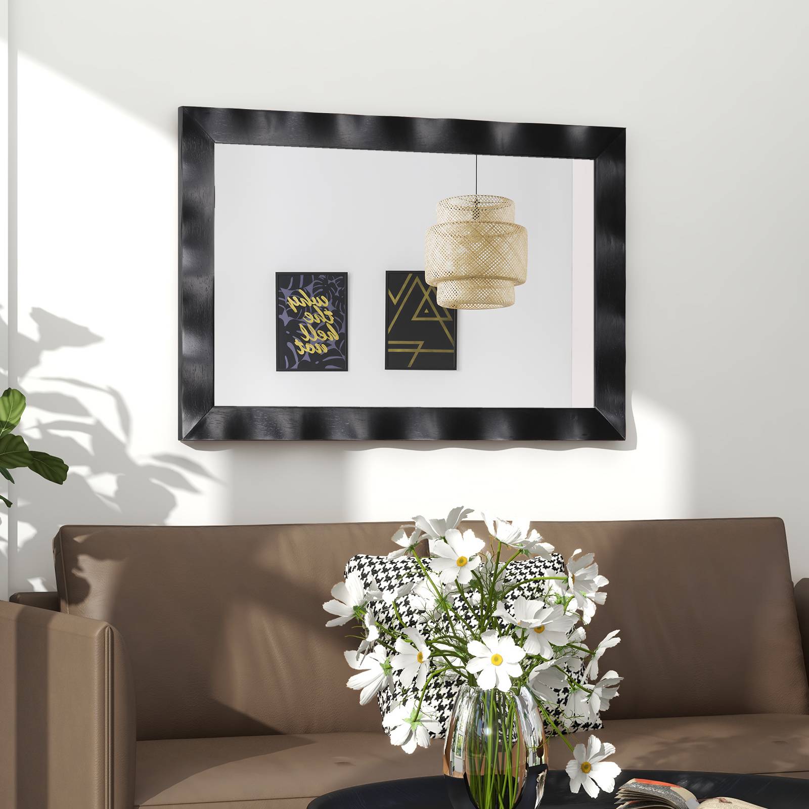 Costway - Miroir Mural Rectangulaire 106×71.5 cm, Cadre en Bois d’Hévéa, Grand Miroir Mural, Suspension Verticale & Horizontale, Miroir Décoratif (Noir) - Image 3