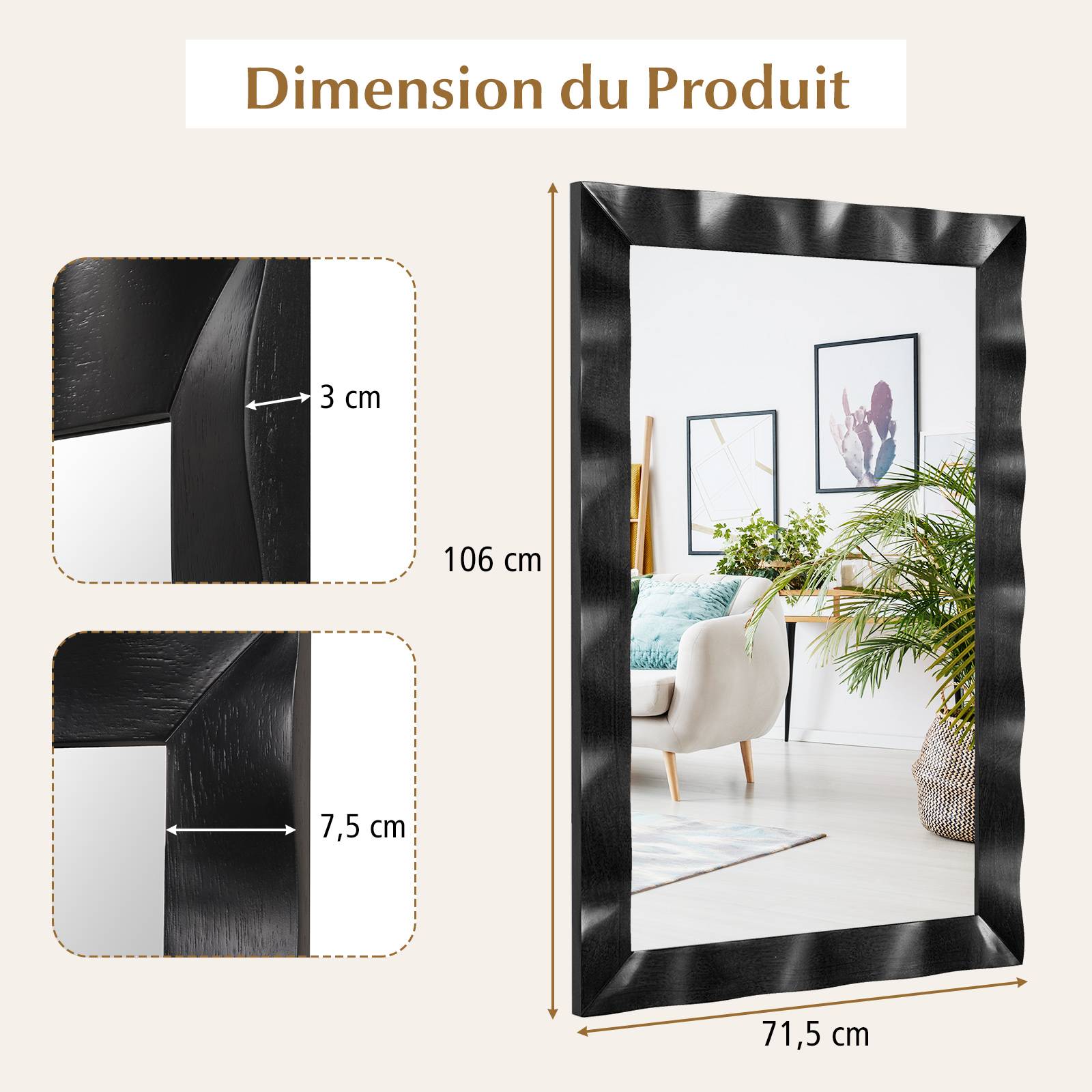 Costway - Miroir Mural Rectangulaire 106×71.5 cm, Cadre en Bois d’Hévéa, Grand Miroir Mural, Suspension Verticale & Horizontale, Miroir Décoratif (Noir) - Image 8