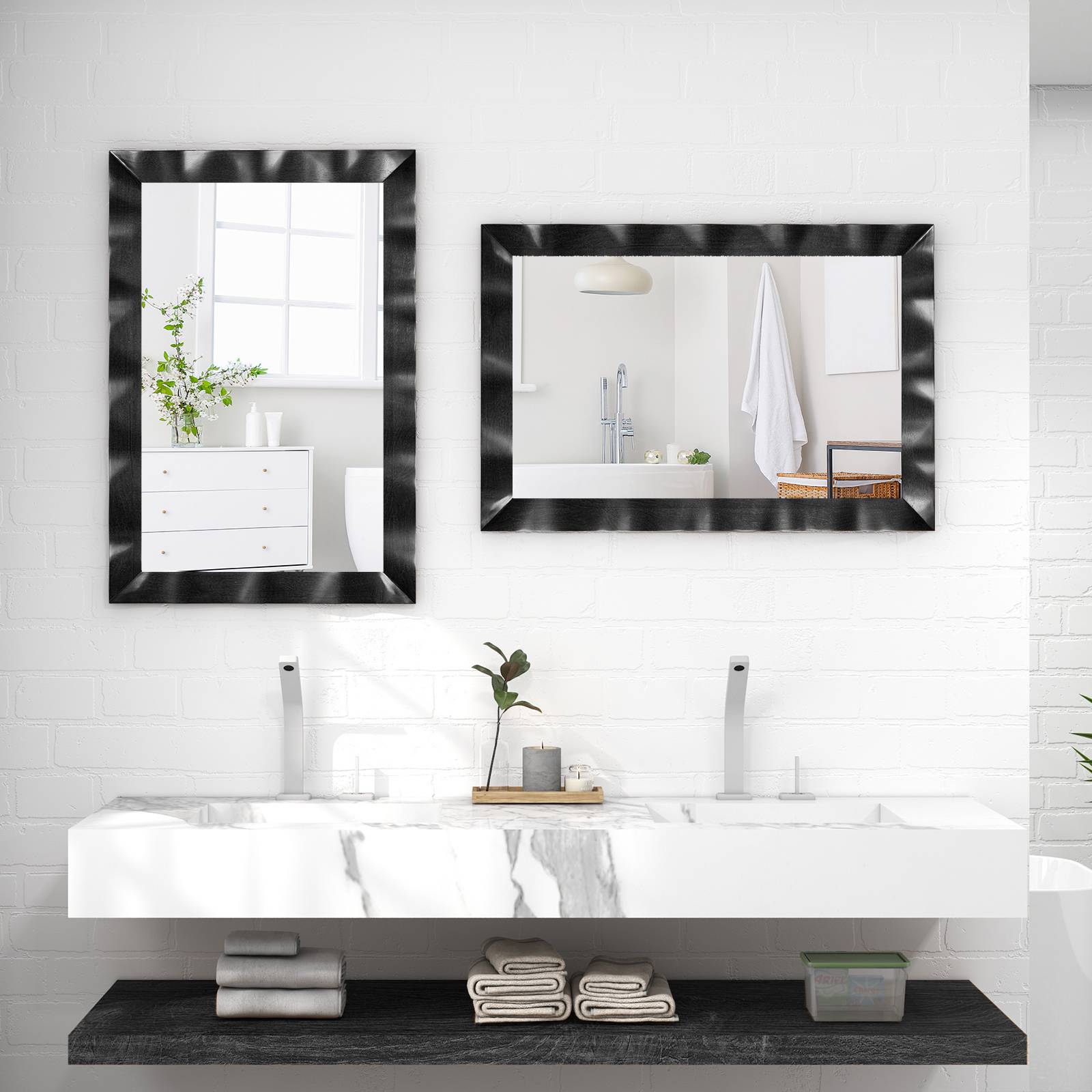 Costway - Miroir Mural Rectangulaire 106×71.5 cm, Cadre en Bois d’Hévéa, Grand Miroir Mural, Suspension Verticale & Horizontale, Miroir Décoratif (Noir) - Image 9