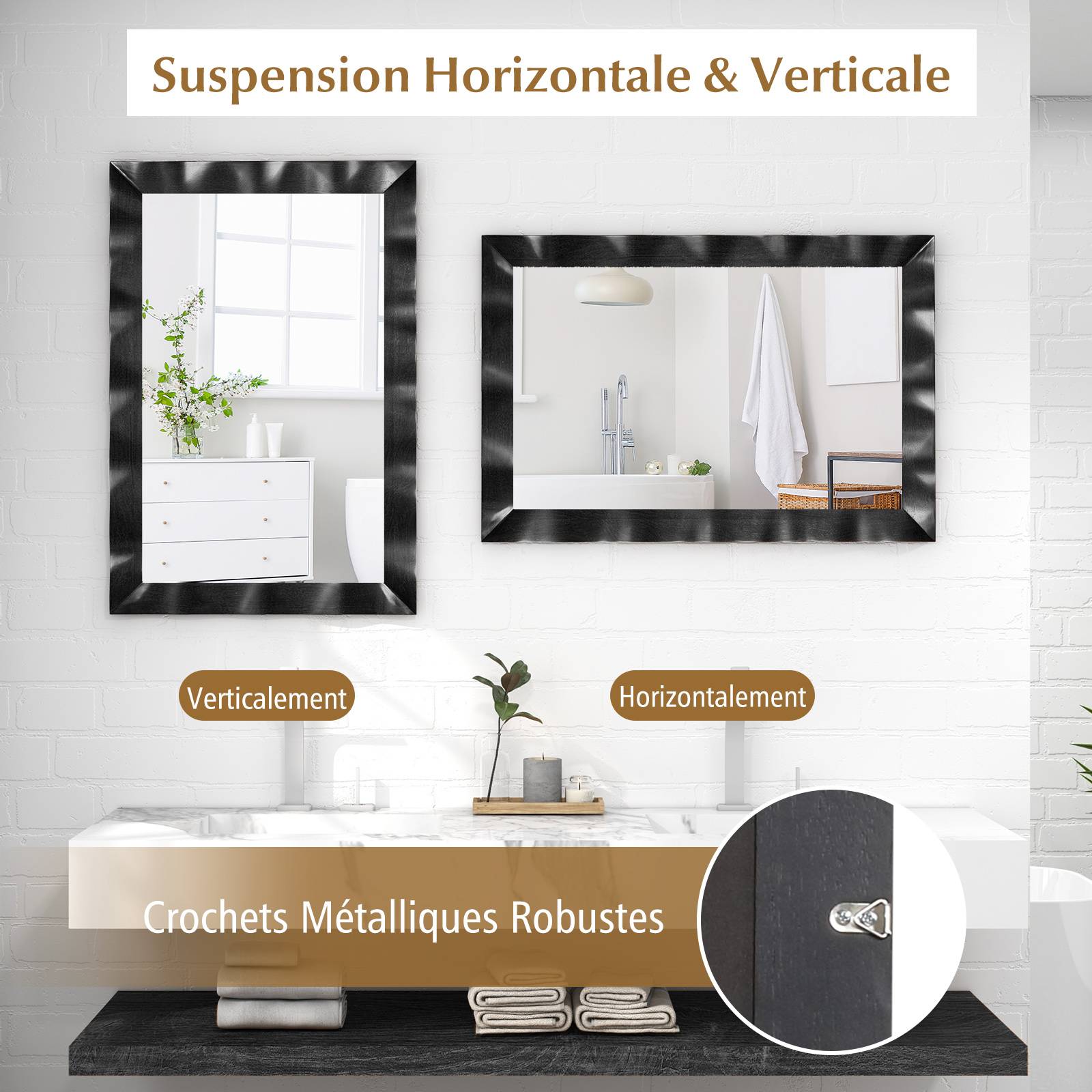 Costway - Miroir Mural Rectangulaire 106×71.5 cm, Cadre en Bois d’Hévéa, Grand Miroir Mural, Suspension Verticale & Horizontale, Miroir Décoratif (Noir) - Image 5