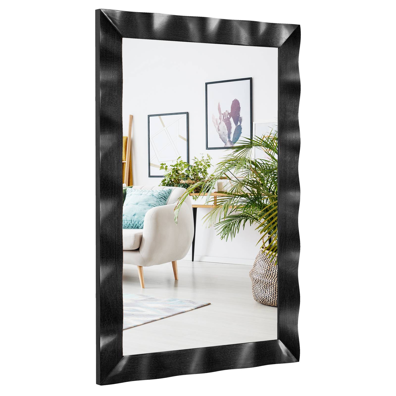 Costway - Miroir Mural Rectangulaire 106×71.5 cm, Cadre en Bois d’Hévéa, Grand Miroir Mural, Suspension Verticale & Horizontale, Miroir Décoratif (Noir) - Image 1