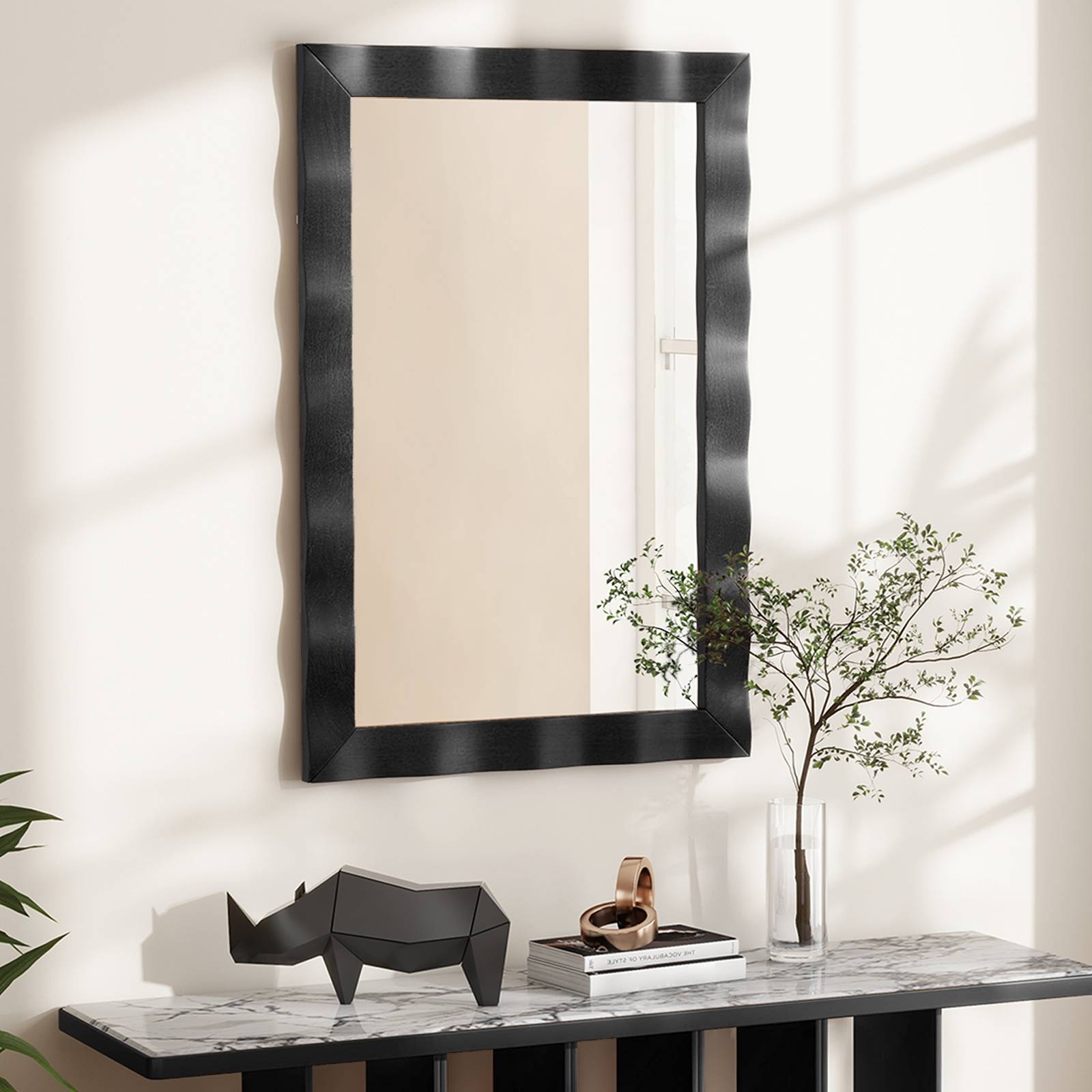 Costway - Miroir Mural Rectangulaire 106×71.5 cm, Cadre en Bois d’Hévéa, Grand Miroir Mural, Suspension Verticale & Horizontale, Miroir Décoratif (Noir) - Image 2