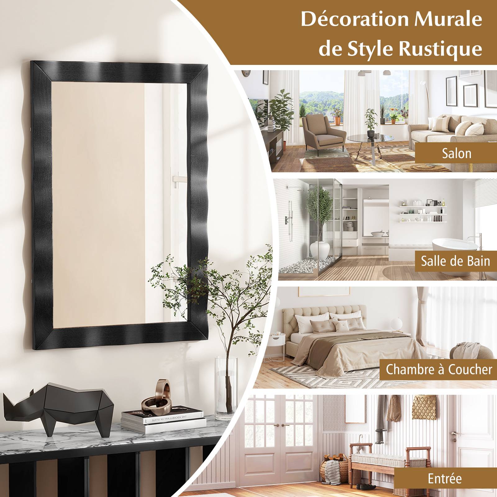 Costway - Miroir Mural Rectangulaire 106×71.5 cm, Cadre en Bois d’Hévéa, Grand Miroir Mural, Suspension Verticale & Horizontale, Miroir Décoratif (Noir) - Image 6