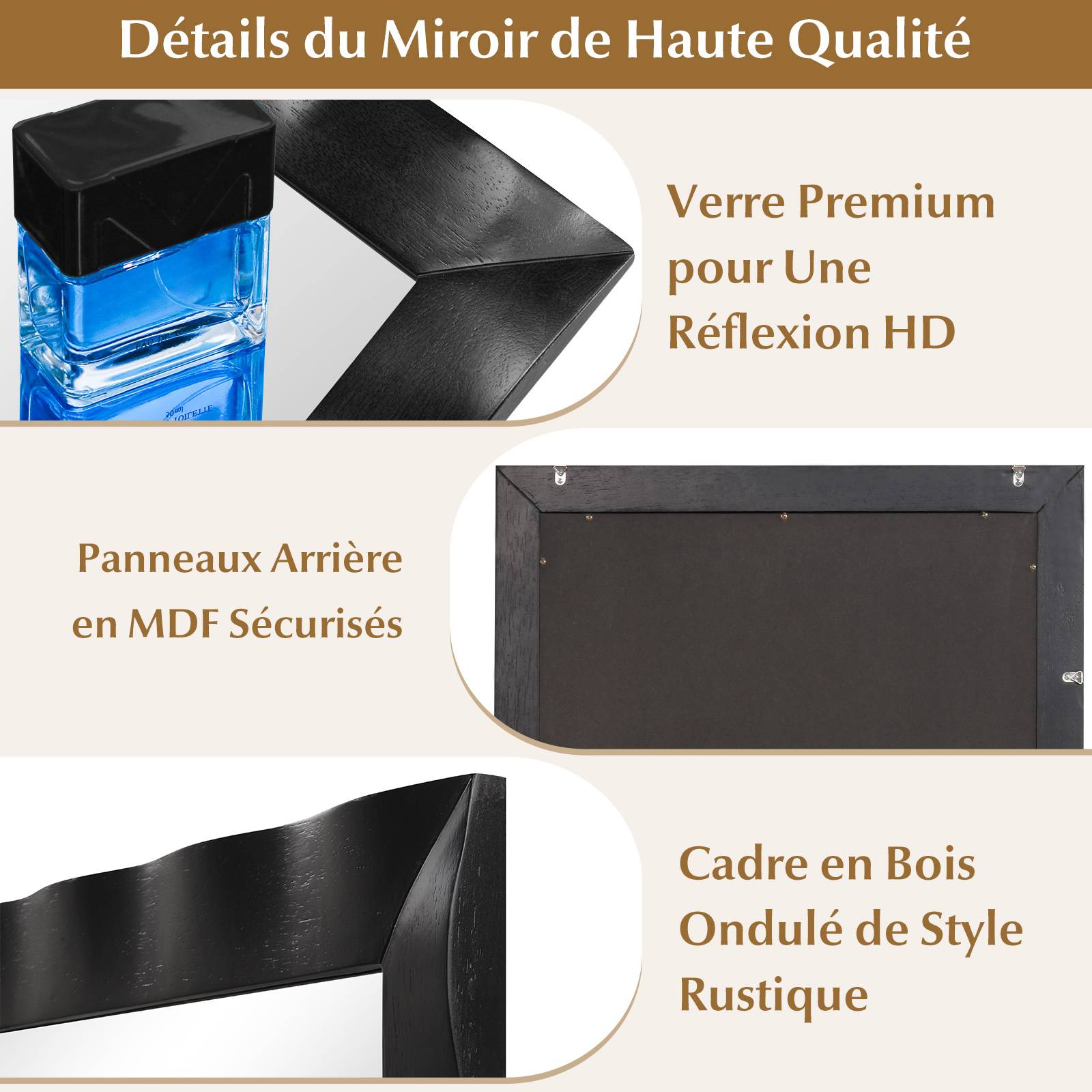 Costway - Miroir Mural Rectangulaire 106×71.5 cm, Cadre en Bois d’Hévéa, Grand Miroir Mural, Suspension Verticale & Horizontale, Miroir Décoratif (Noir) - Image 7