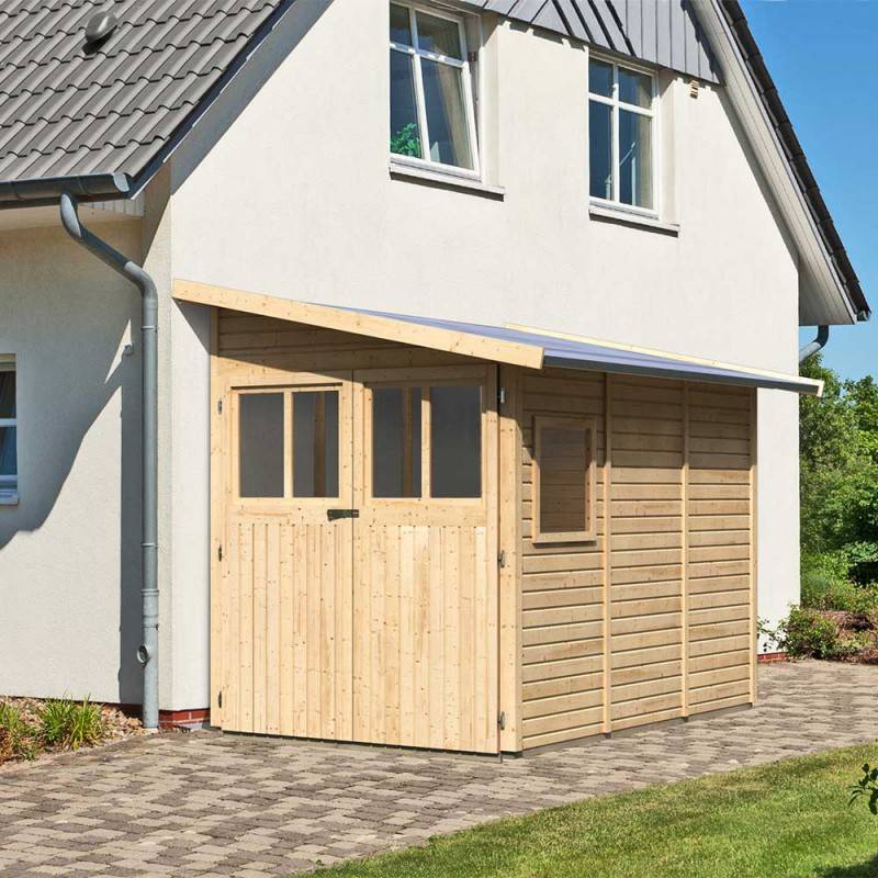 Abri de jardin adossé 4,85m² bois massif 19mm Juist 3 marron avec embase autoclave Karibu - Image 2