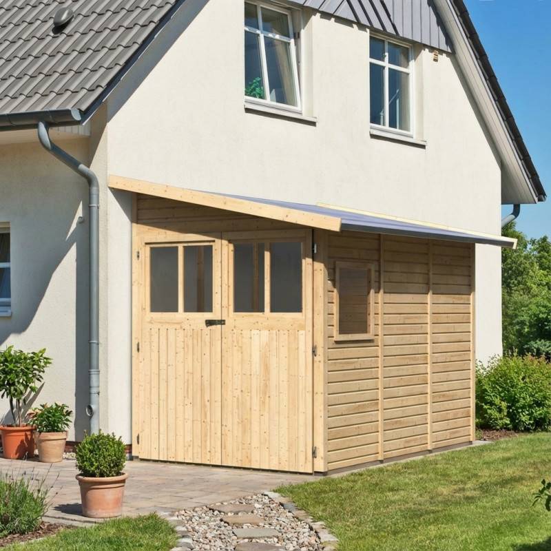 Abri de jardin adossé 4,85m² bois massif 19mm Juist 3 marron avec embase autoclave Karibu - Image 1