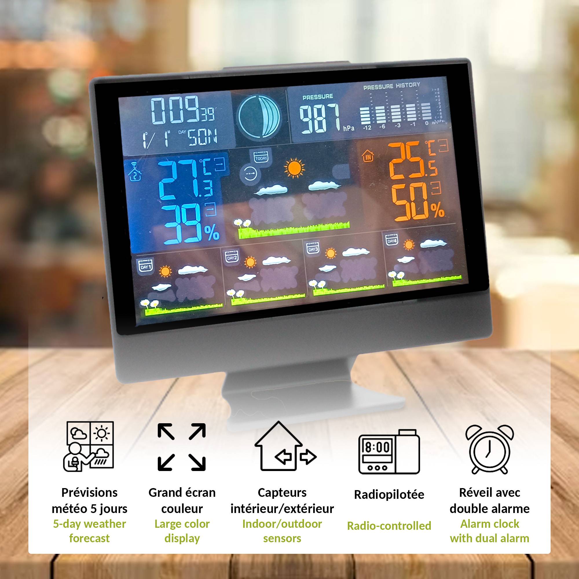 Station Meteo Ecran Couleur - Previsions 5 Jours - Temperature et Hygrometrie - Reveil Double Alarme avec Snooze - Image 3