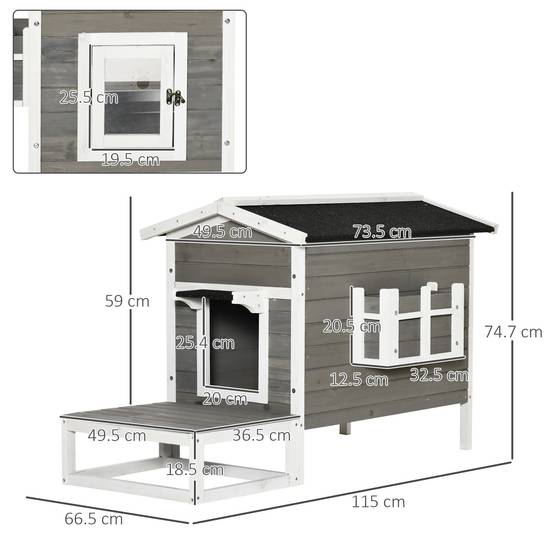 Maison Chat Extérieur Bois Sapin Terrasse Balcon Toit Bitumé Gris Blanc - ComfortXL Pet Living - Image 3