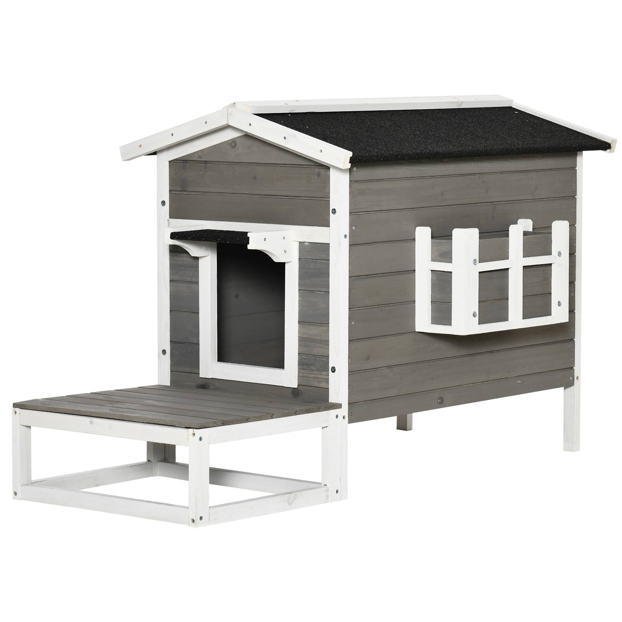 Maison Chat Extérieur Bois Sapin Terrasse Balcon Toit Bitumé Gris Blanc - ComfortXL Pet Living - Image 2