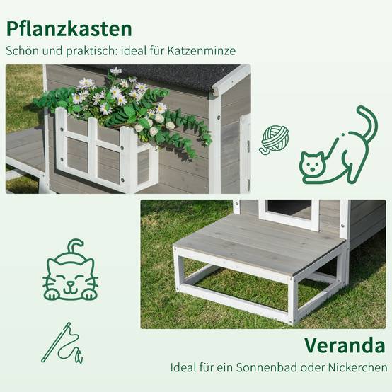 Maison Chat Extérieur Bois Sapin Terrasse Balcon Toit Bitumé Gris Blanc - ComfortXL Pet Living - Image 6