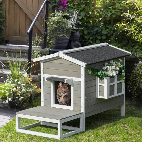 Maison Chat Extérieur Bois Sapin Terrasse Balcon Toit Bitumé Gris Blanc - ComfortXL Pet Living - Image 1