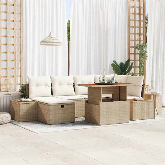 Salon de Jardin Polyrotin et Acacia Massif Modulable 7 Pièces 6 Places pour Extérieur Beige – ComfortXL Outdoor Living - Image 1