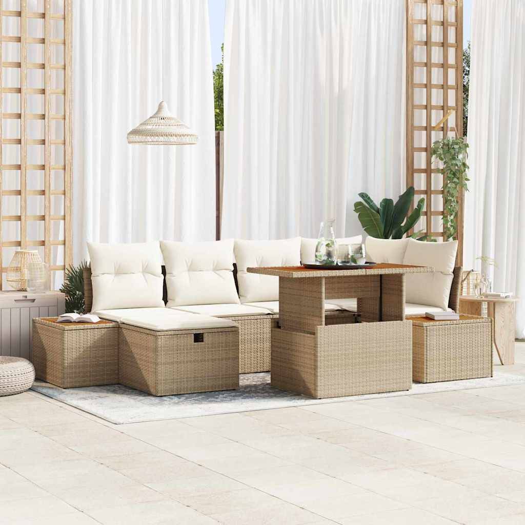 Salon de Jardin Polyrotin et Acacia Massif Modulable 7 Pièces 6 Places pour Extérieur Beige – ComfortXL Outdoor Living - Image 1