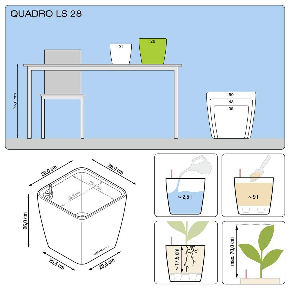 Lechuza - Pot Quadro Premium LS 28 - kit complet, blanc brillant 28 cm Lechuza - Imagen 4