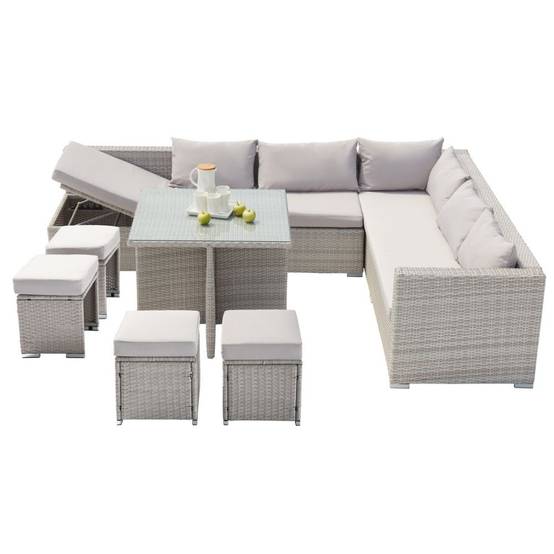 Salon de jardin encastrable 10 places en résine tressée grise avec coussins et table vitrée Samoa – Concept Usine - Image 1