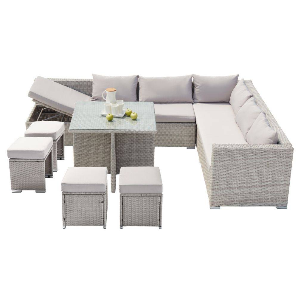 Salon de jardin encastrable 10 places en résine tressée grise avec coussins et table vitrée Samoa  – Concept Usine - Image 1