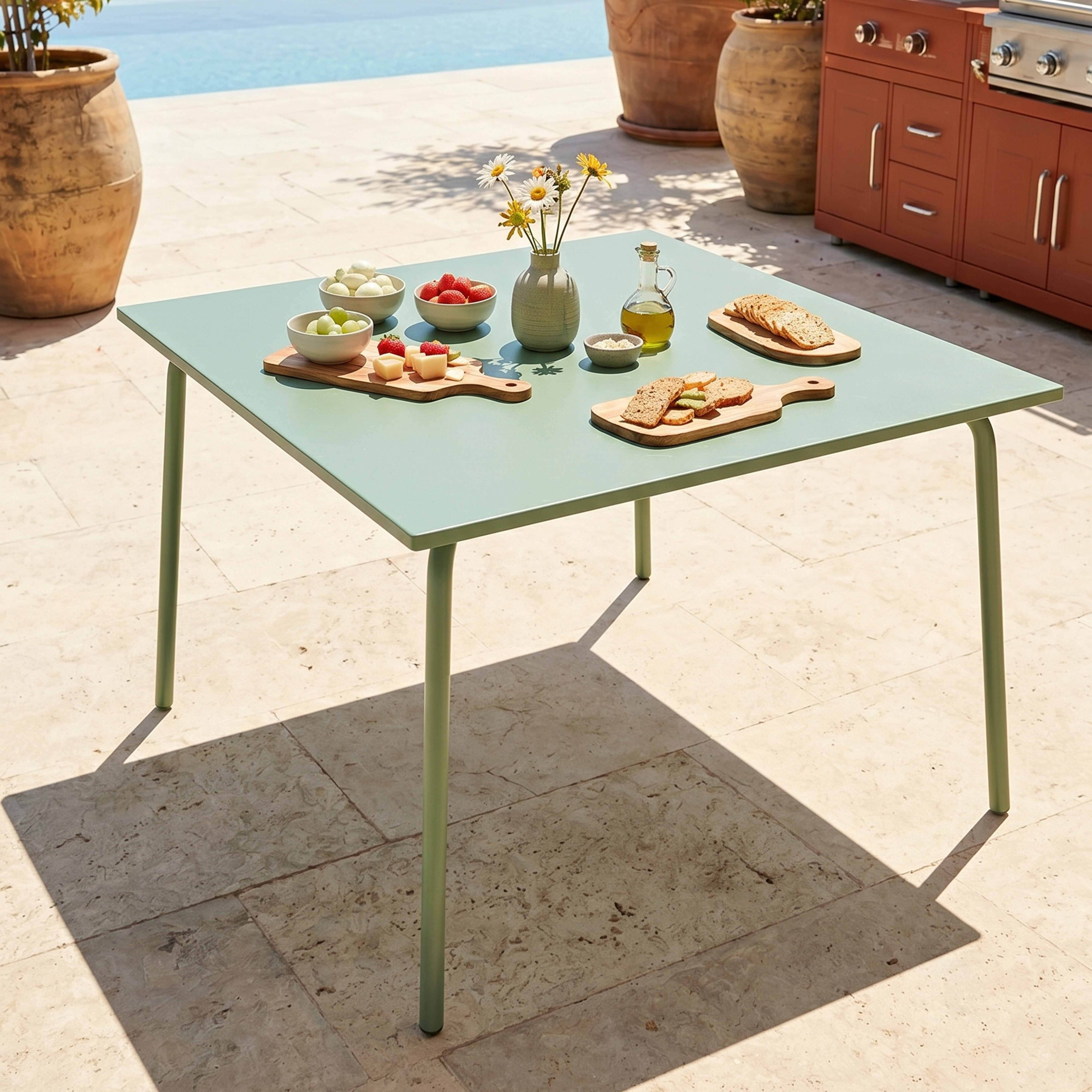 Oviala - Table de jardin carrée en acier 8 places 120 cm vert sauge Palavas - Oviala - Imagen 2