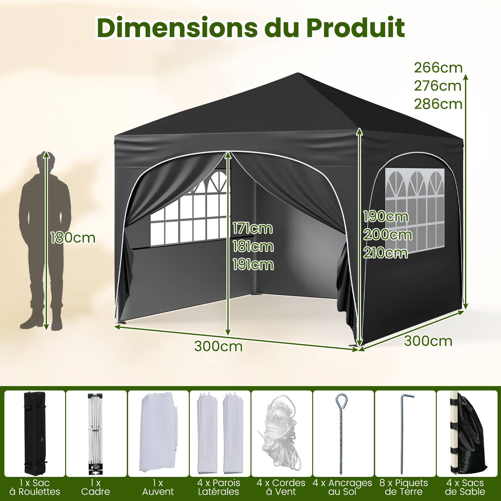Costway - Tonnelle de Jardin 3x3M avec 4 Parois Latérales Amovibles, Tente de Reception Portable avec Sac à Roulettes, pour Fête Mariage BBQ, Noir - Image 3