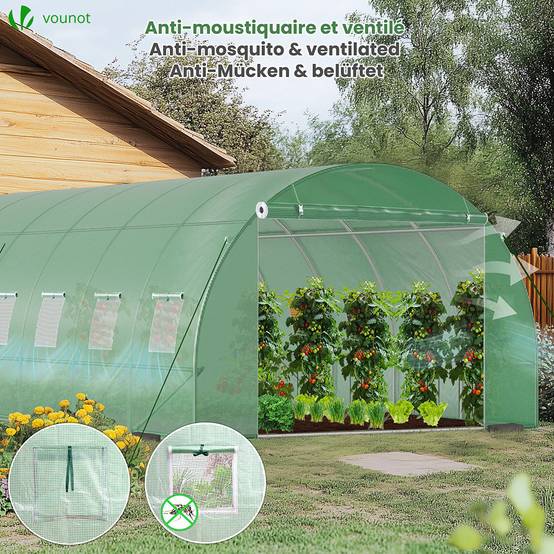 Serre de jardin tunnel 18m² en acier galvanisé - 6L x 3l x 2H m - fenêtre anti-moustiquaire, porte enroulable, barre anti-tempête - Image 4