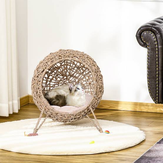 Niche grotte chat surélevée en résine tressée imitation rotin, coussin inclus, Ø52x58H cm, beige - Image 3