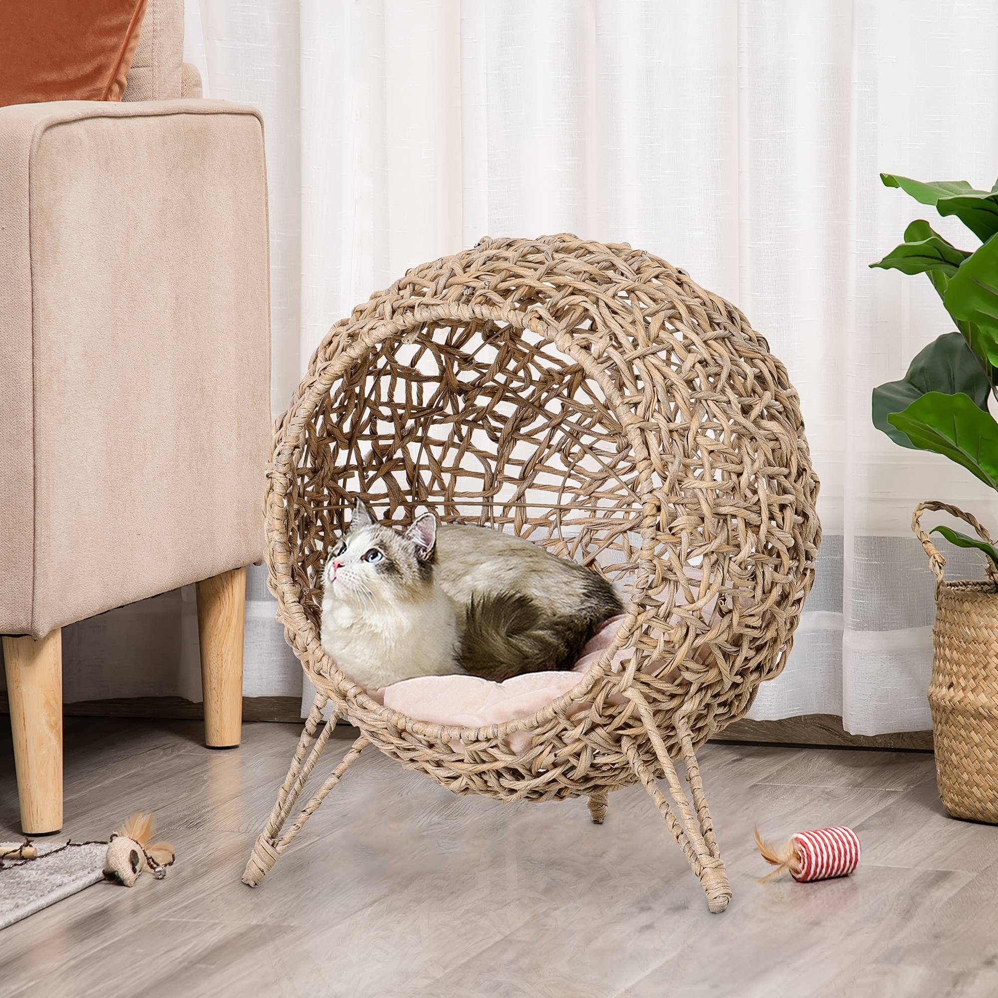 Niche grotte chat surélevée en résine tressée imitation rotin, coussin inclus, Ø52x58H cm, beige - Image 4