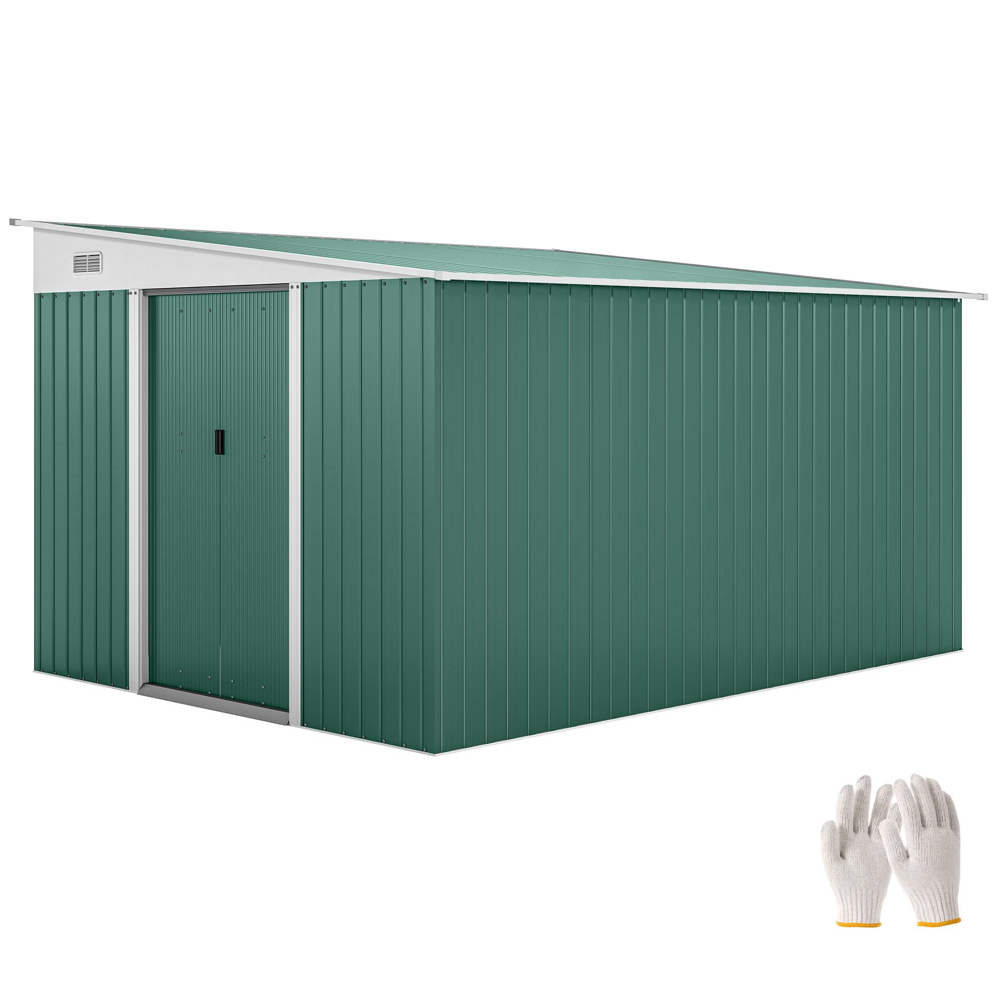 Abri de jardin métal toit pente double porte verrouillable 2,8x3,45x2,01 m vert, grand cabanon jardin