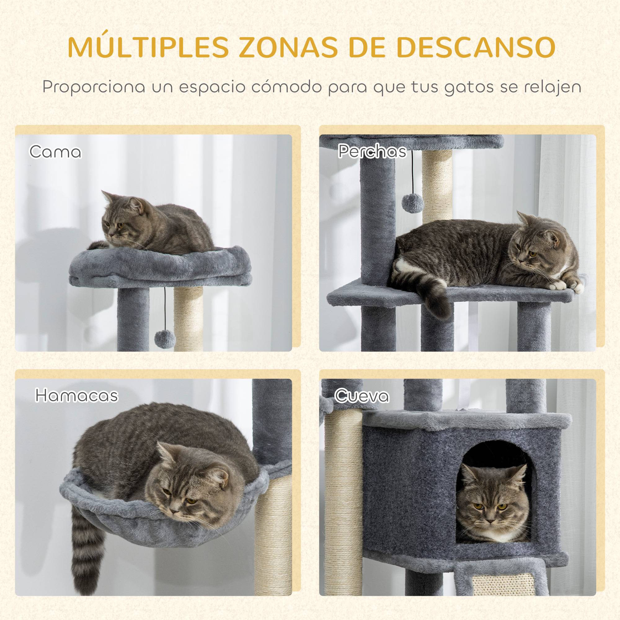 Arbre à Chat Design Moderne avec Niche Hamac et Rampe Griffoir Sisal en Peluche 127 cm Gris - ComfortXL Outdoor Living - Image 6