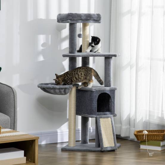 Arbre à Chat Design Moderne avec Niche Hamac et Rampe Griffoir Sisal en Peluche 127 cm Gris - ComfortXL Outdoor Living - Image 3