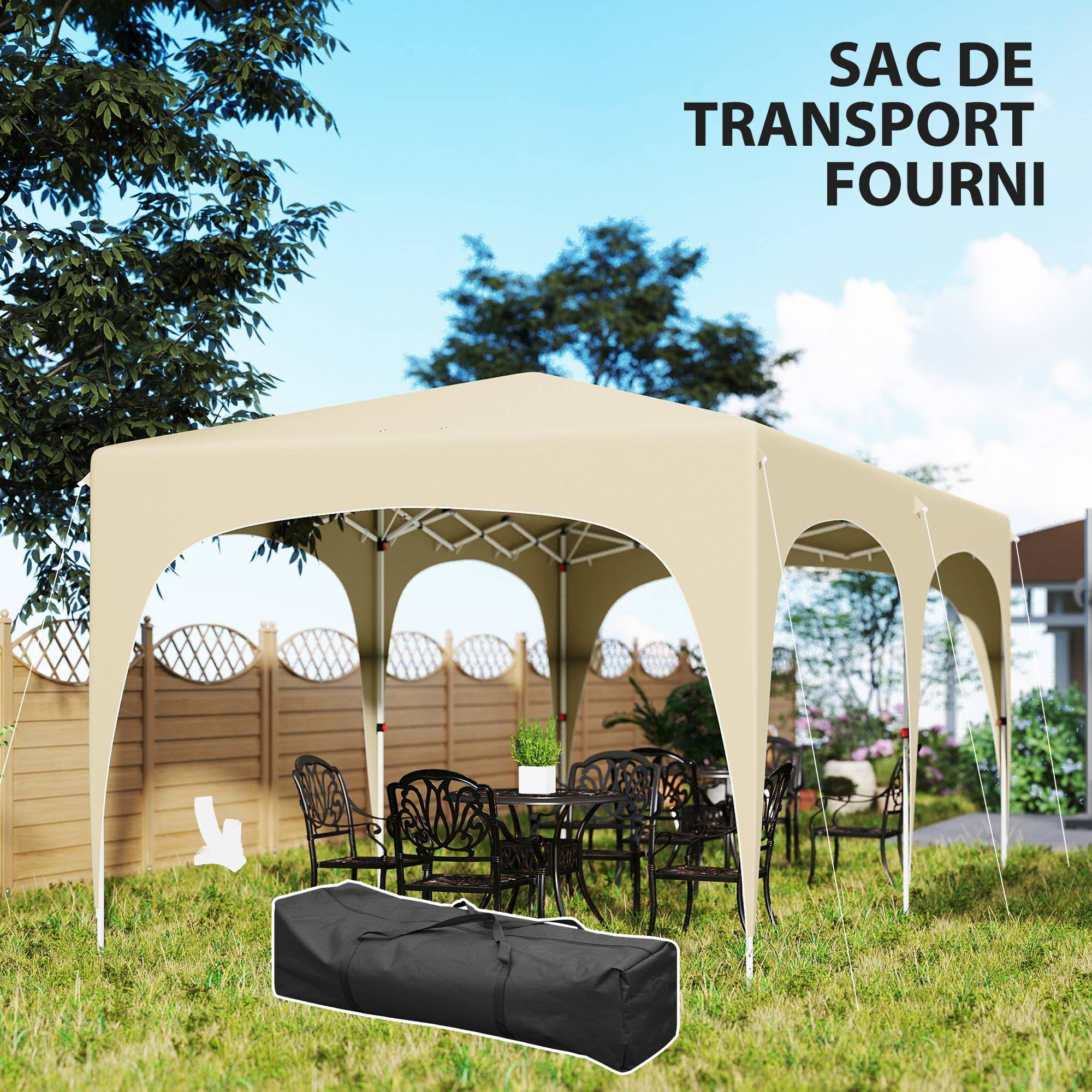 Tonnelle pliante métal et tissu Oxford sable 597 x 300 x 270 cm - PANGIVO - Image 9