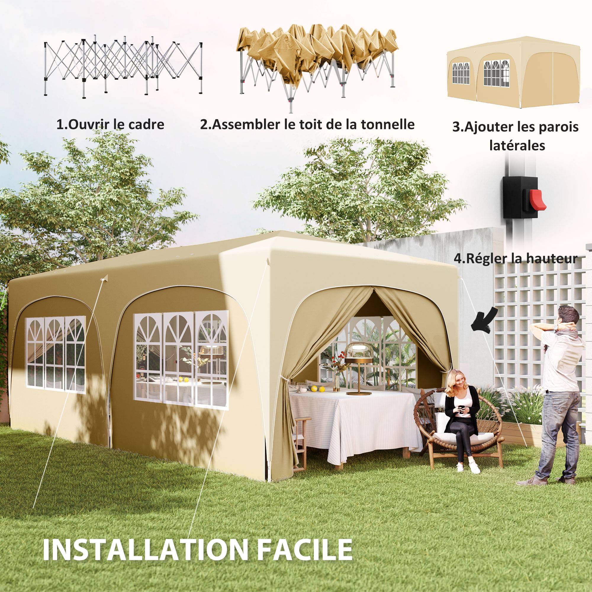 Tonnelle pliante métal et tissu Oxford sable 597 x 300 x 270 cm - PANGIVO - Image 6