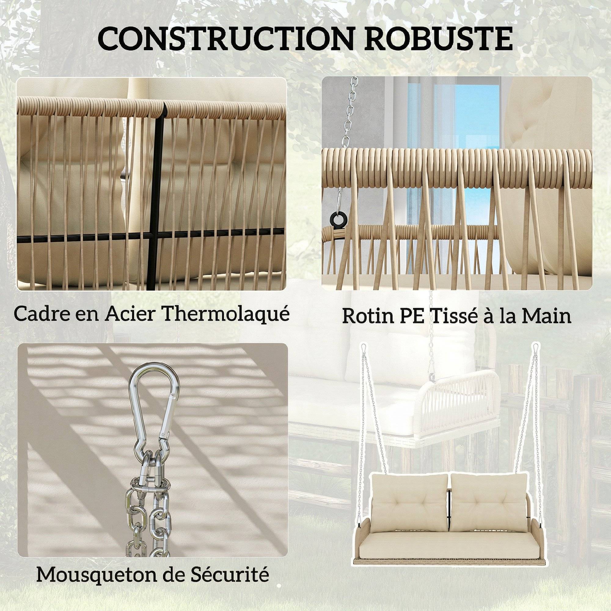 Banc suspendu extérieur 2 places jardin balancelle résine tressée avec coussins 115cm beige - ComfortXL Outdoor Living - Image 8