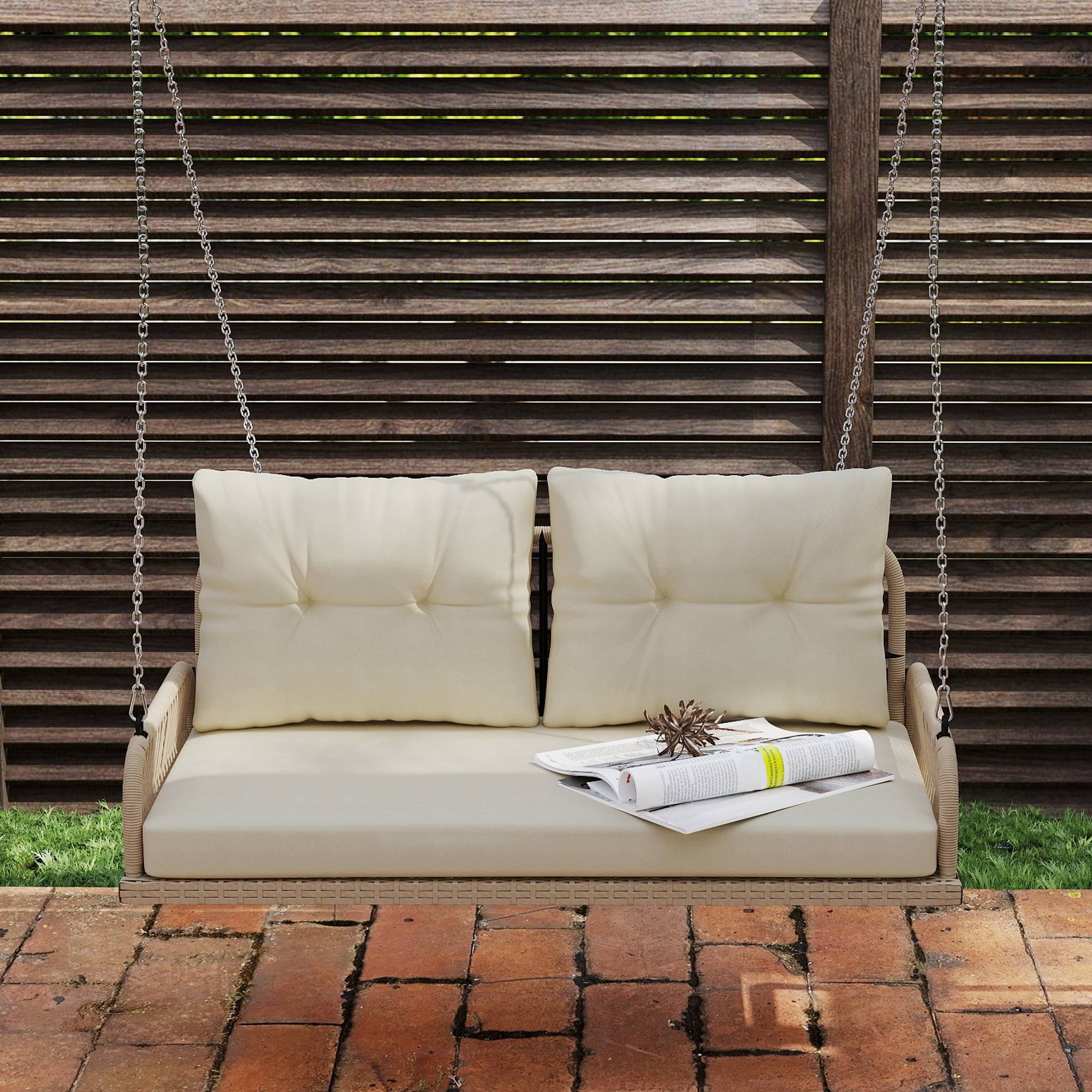 Banc suspendu extérieur 2 places jardin balancelle résine tressée avec coussins 115cm beige - ComfortXL Outdoor Living - Image 9