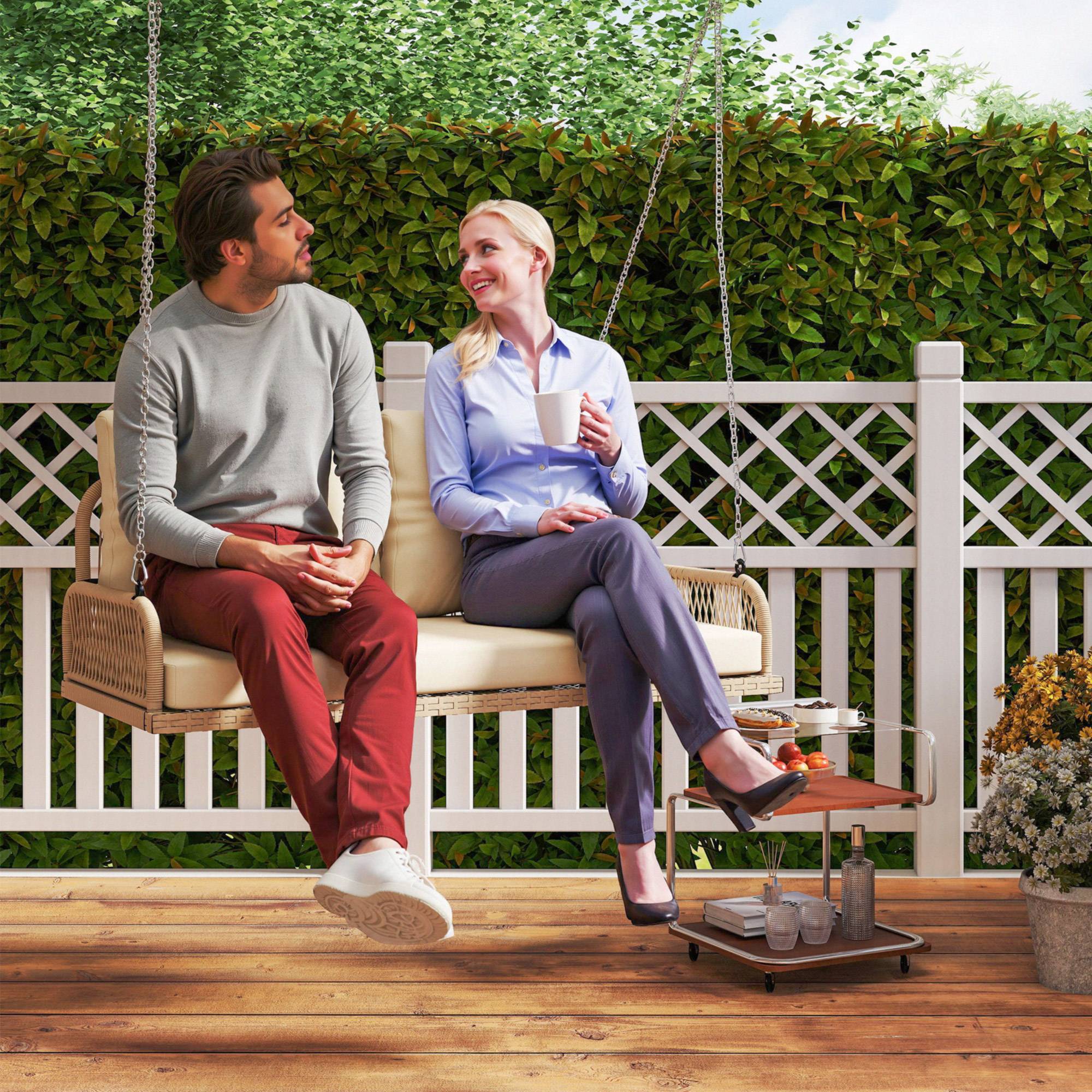 Banc suspendu extérieur 2 places jardin balancelle résine tressée avec coussins 115cm beige - ComfortXL Outdoor Living - Image 3