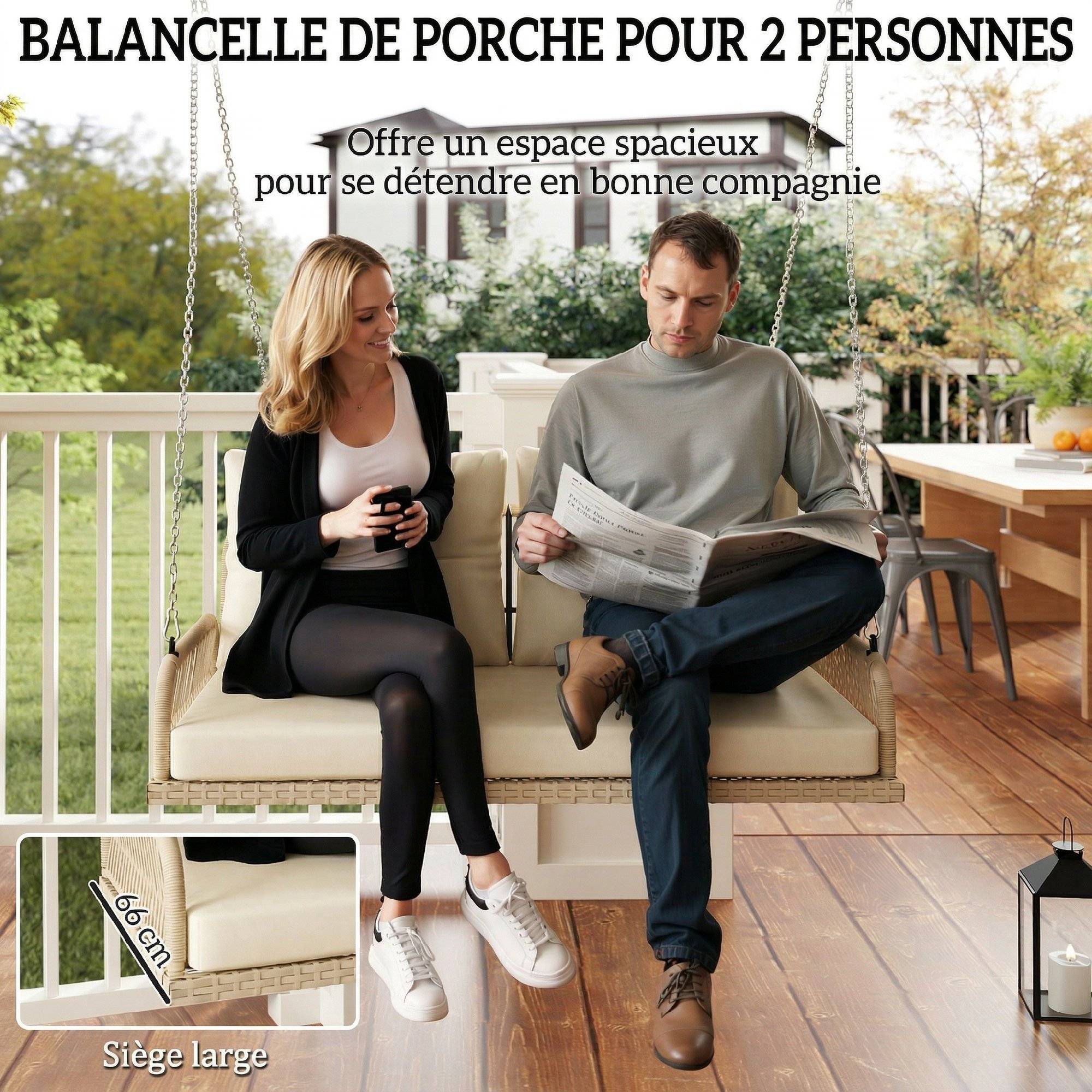 Banc suspendu extérieur 2 places jardin balancelle résine tressée avec coussins 115cm beige - ComfortXL Outdoor Living - Image 6