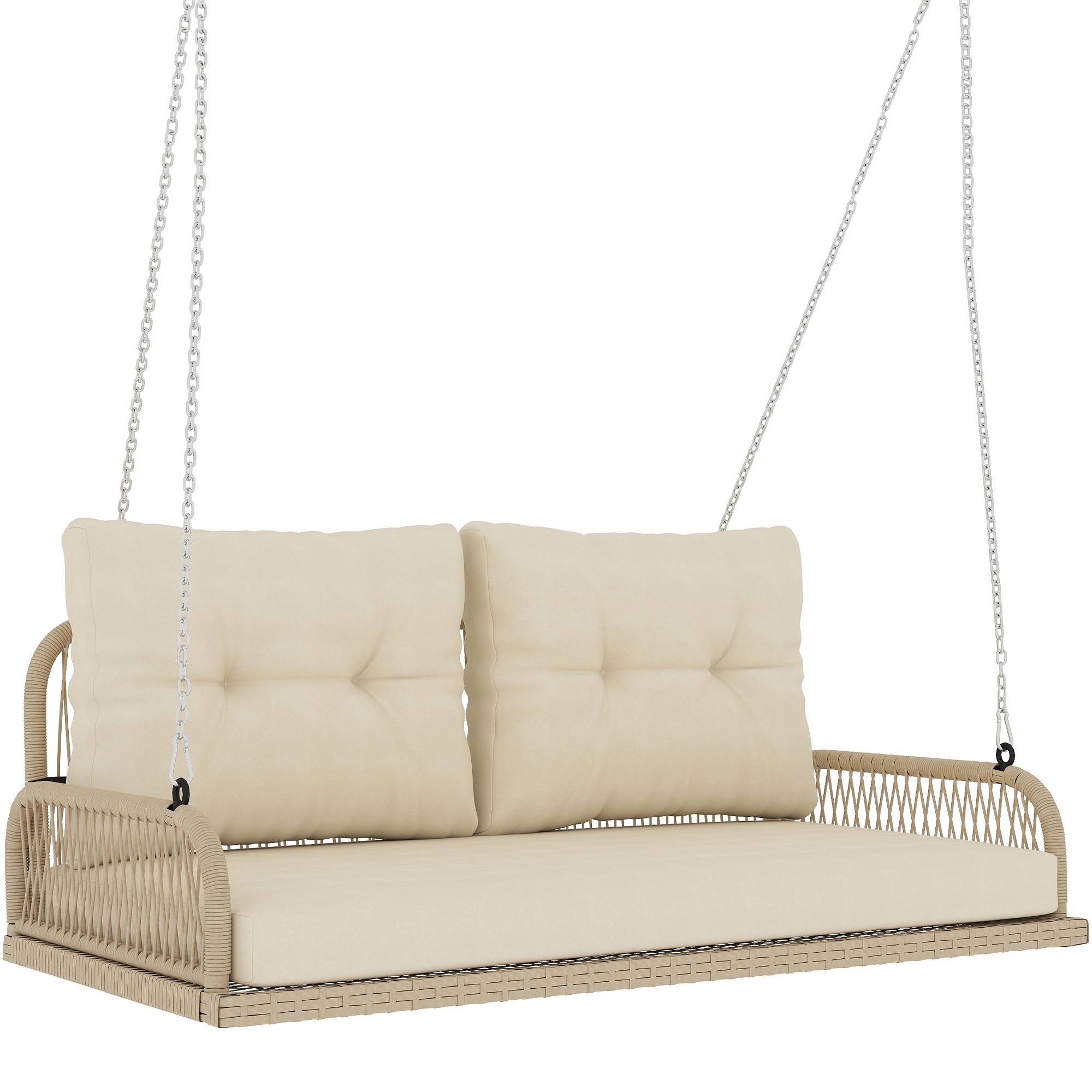 Banc suspendu extérieur 2 places jardin balancelle résine tressée avec coussins 115cm beige - ComfortXL Outdoor Living - Image 1